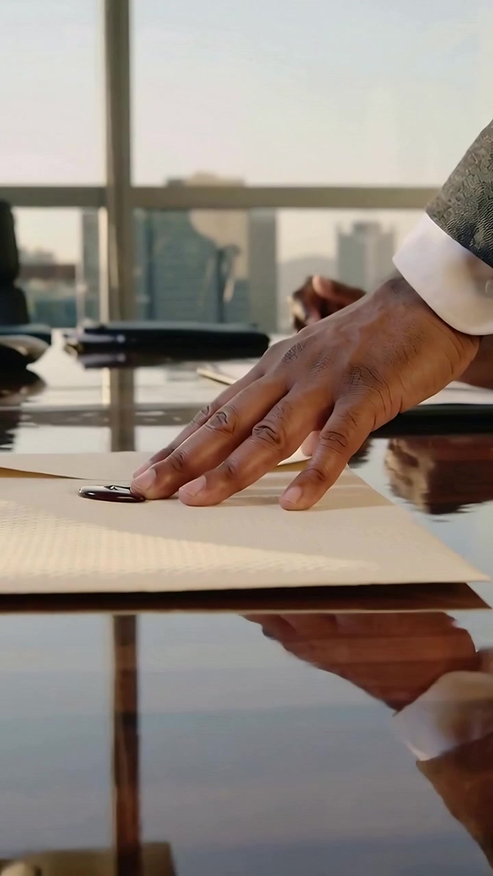 Vídeo vertical: Entrando no enquadramento, mão de terno pressionando selo de cera em envelope lacrado em sala de conferências.