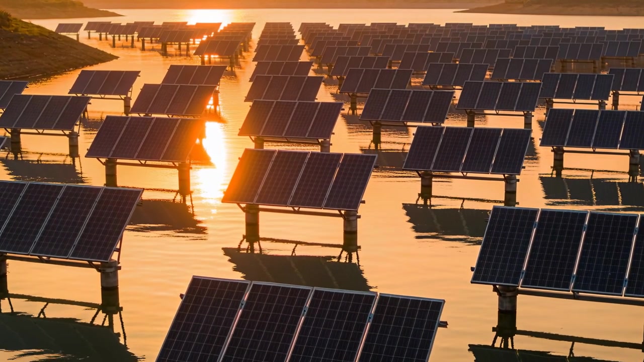 Skinnende solcellepaneler reflekterer den lave sol over roligt vand, skaber genskin og viser støtterammer.