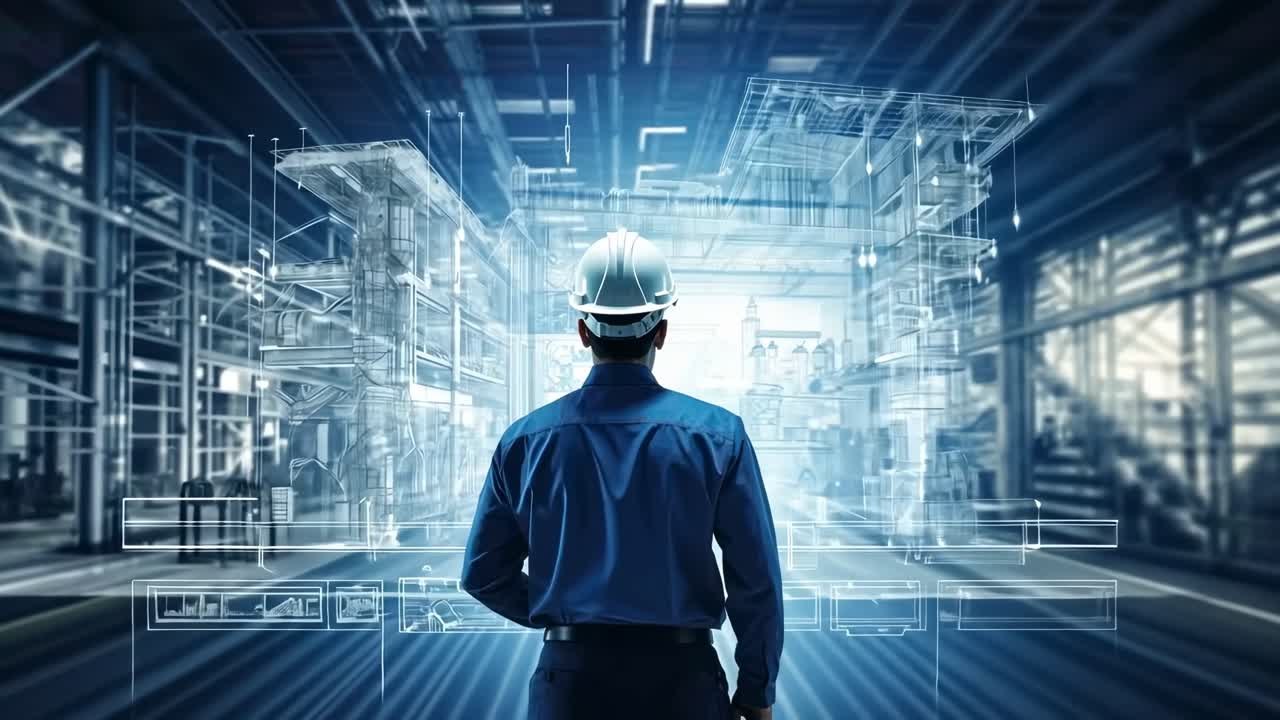 A futuristic video concept showing a man in a hard hat from a rear angle, standing in a digital