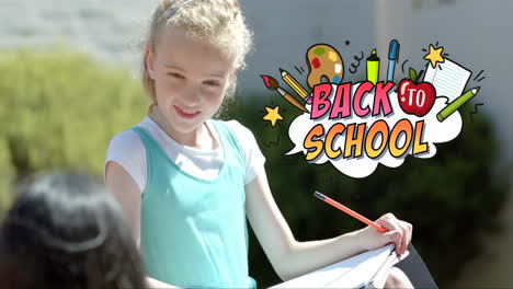 drawing in notebook, girl with pencil and back to school animation