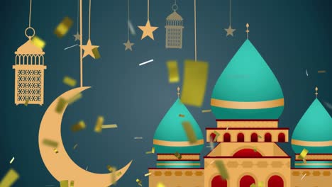 animation of arabic style rooftops, crescent moon, lamps and stars with falling confetti on blue