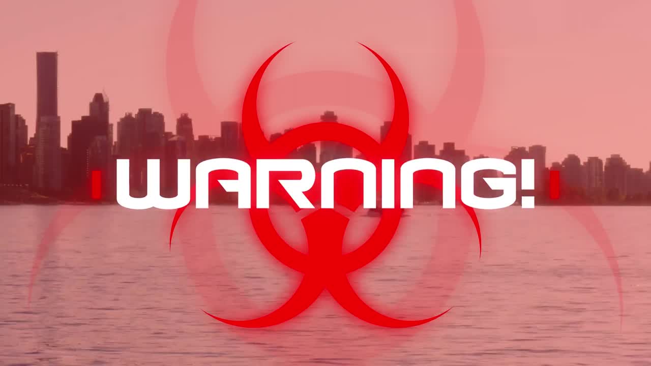 animación de la palabra advertencia! escrita sobre un cartel rojo de peligro para la salud con el paisaje urbano en el fondo.