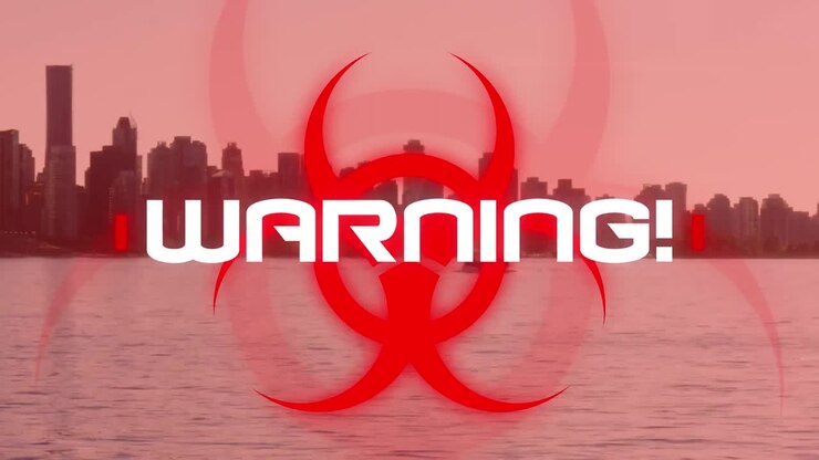 Animation of the word Warning! written over red health hazard sign with cityscape in the background.