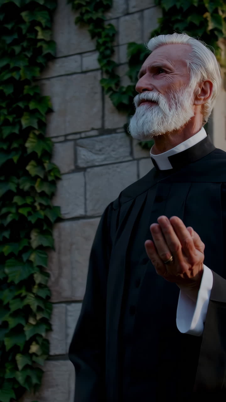 Elderly Priest in Prayer Outside a Church