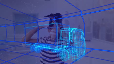 Animation-Einer-Technischen-3D-Zeichnung-Eines-Lastwagens-über-Einer-Frau-Zu-Hause,-Die-Ein-VR-Headset-Trägt