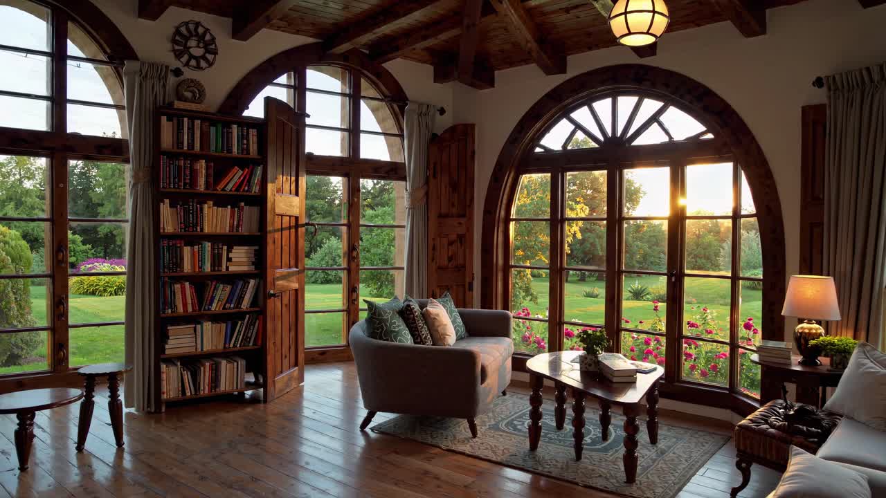 정원 전망이 있는 시골식 거실