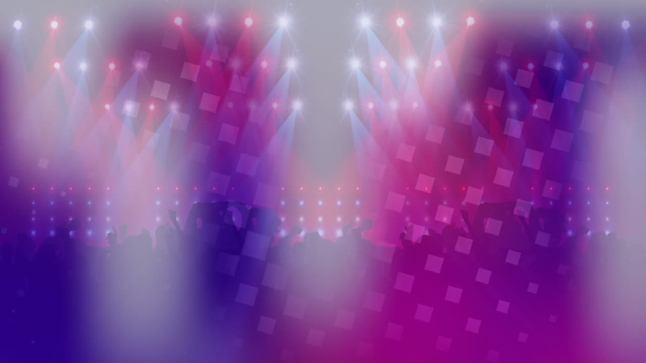 Animation af røde og hvide firkanter over dansende publikum med spotlights og grå røg