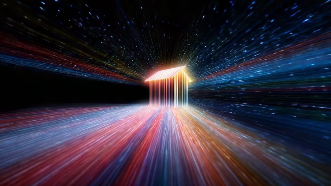 A captivating visual experience of a radiant house surrounded by vibrant beams of light, creating an illusion of movement through a cosmic array of colors and stars in deep space