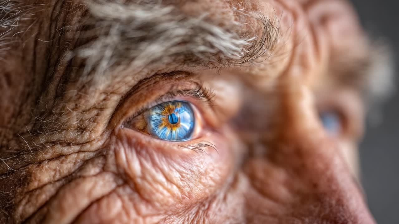 A Close-Up Perspective of an Elderly Man's Strikingly Detailed Eye, Highlighting Its Unique Blue Hue and the Complex Texture of Aging Skin Around It