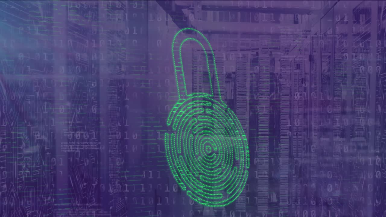 animación del icono del candado sobre el procesamiento de datos y la sala del servidor.