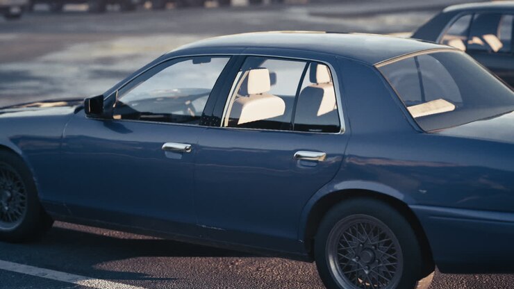 Une voiture berline bleue garée