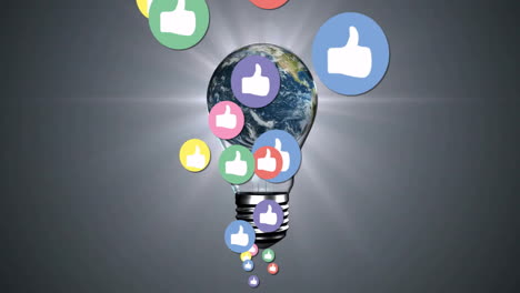 Earth inside light bulb with colorful thumbs-up icons, representing global animation