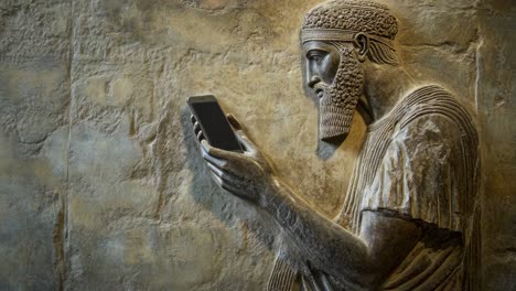 ancient figure holding a smartphone