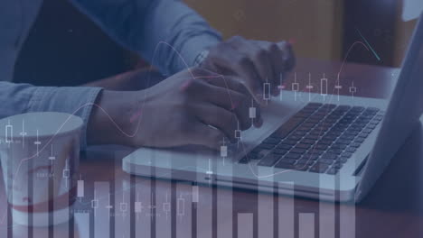 animation of statistics processing over businessman using laptop