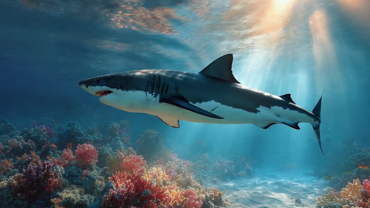 A Majestic Great White Shark Gliding Through Vibrant Coral Reefs in Crystal-Clear Ocean Waters, Surrounded by Radiant Sunbeams and Marine Life