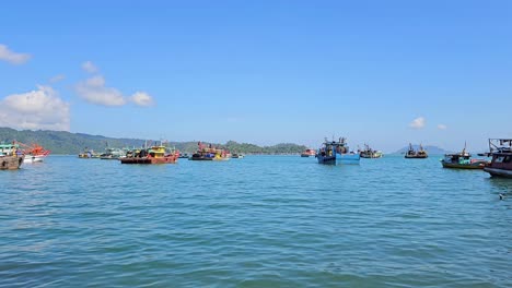 Malaysian Fishing Boats Anchored On The Bay Near Kota Kinabalu In Sabah, Malaysia. Wide Shot