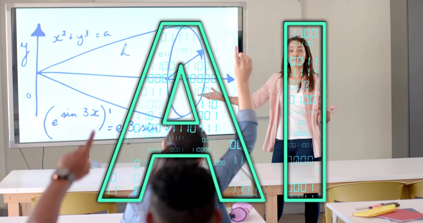 Math teacher pointing origin on board and tracing plot then acknowledging student hand