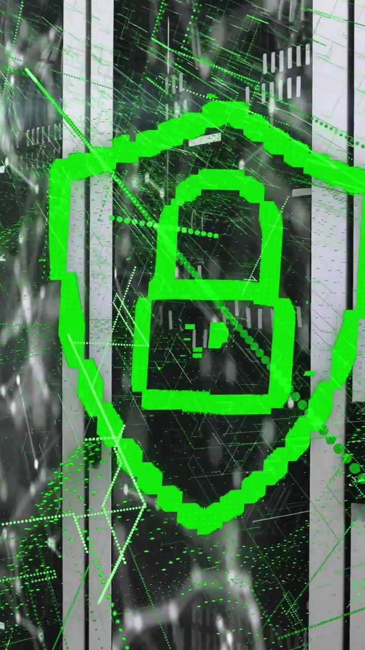 Animación de candado con puntos conectados y patrones abstractos sobre sistemas de servidores de datos