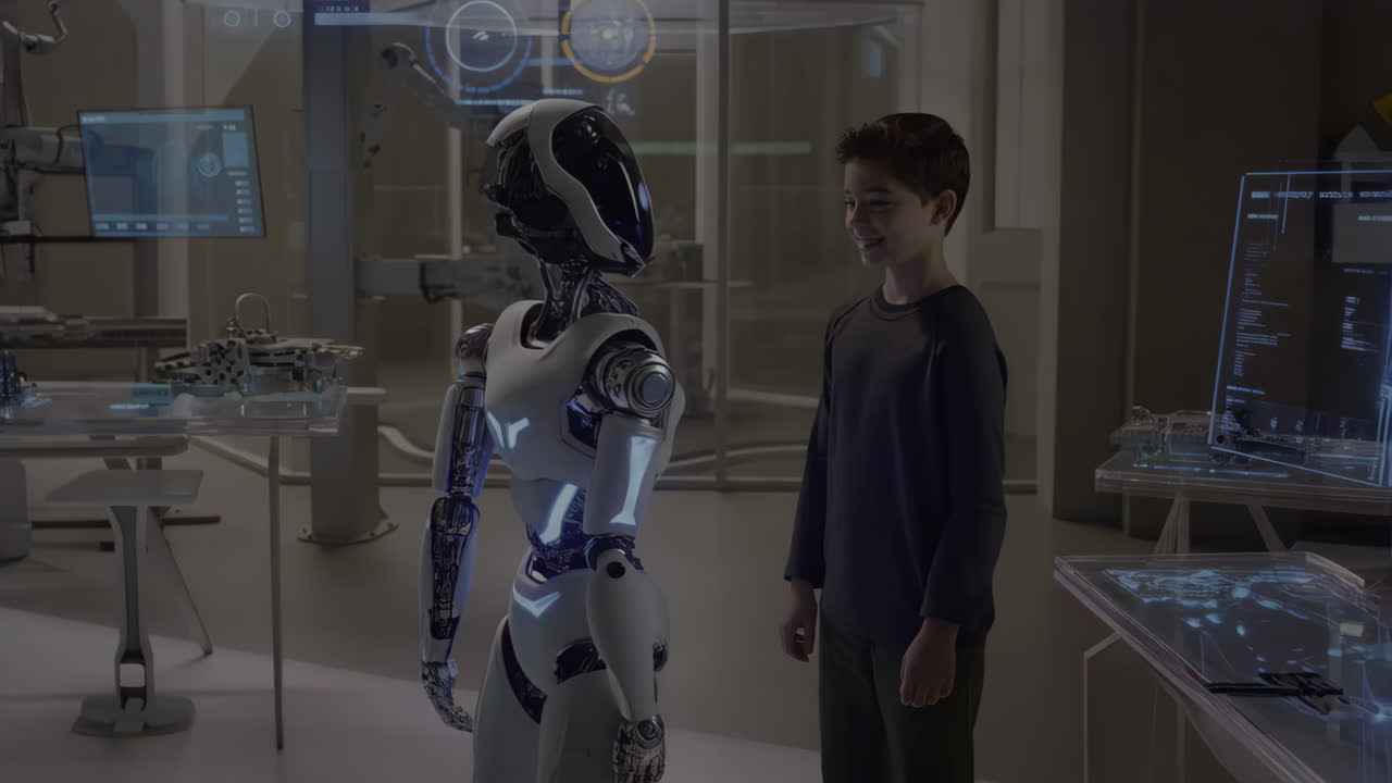 Boy Interacts with a Humanoid Robot in a Futuristic Lab