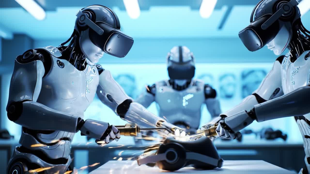 Futuristic Robotics in Action: Two Advanced Robots Engaging in Precision Welding While Wearing VR Headsets in a High-Tech Laboratory Environment