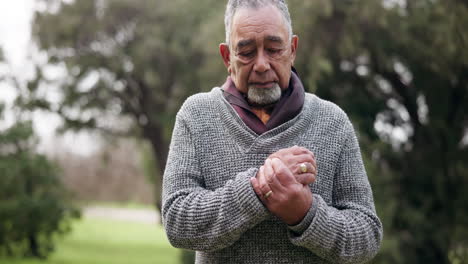 old man, hand and pain with arthritis and health