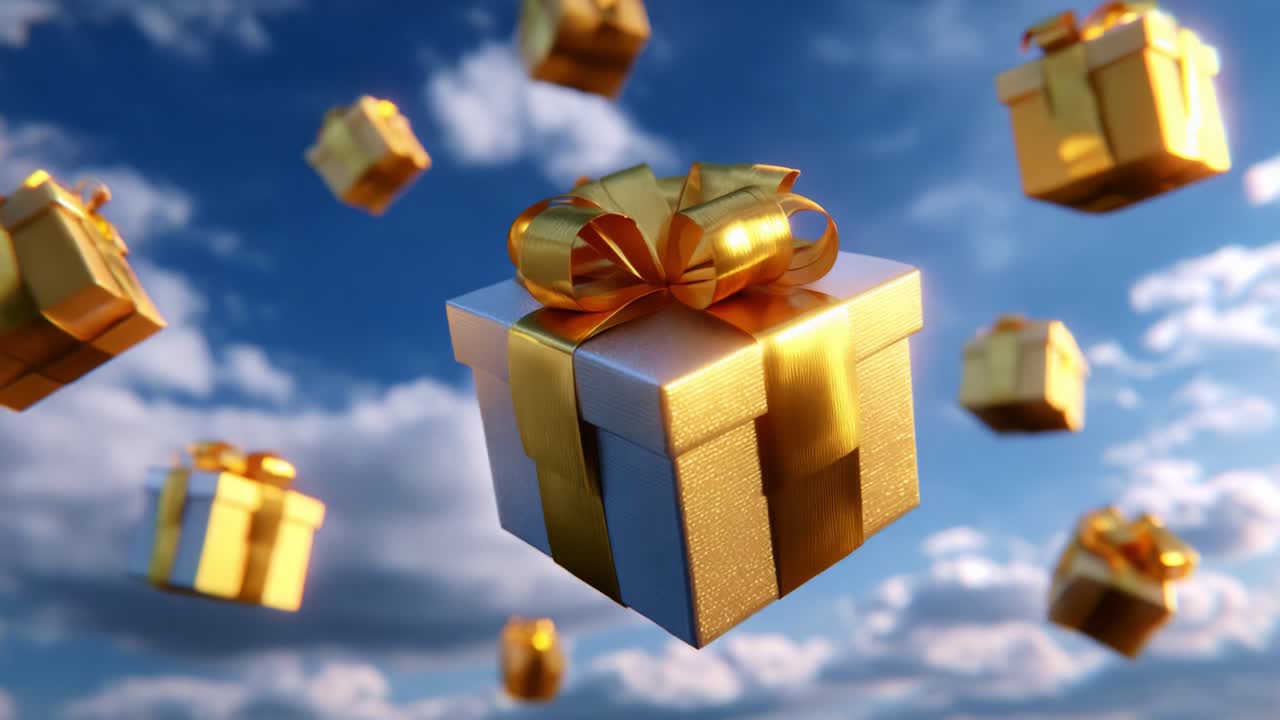 A mesmerizing array of floating gift boxes adorned with golden bows, suspended in a tranquil sky with fluffy clouds, creating a whimsical celebration atmosphere filled with joy and anticipation