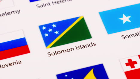 Focusing-on-the-flags-of-Solomon-Islands,-Slovenia,-and-Somalia-and-slowly-zooming-out-to-reveal-the-rest-of-the-flags-in-the-picture