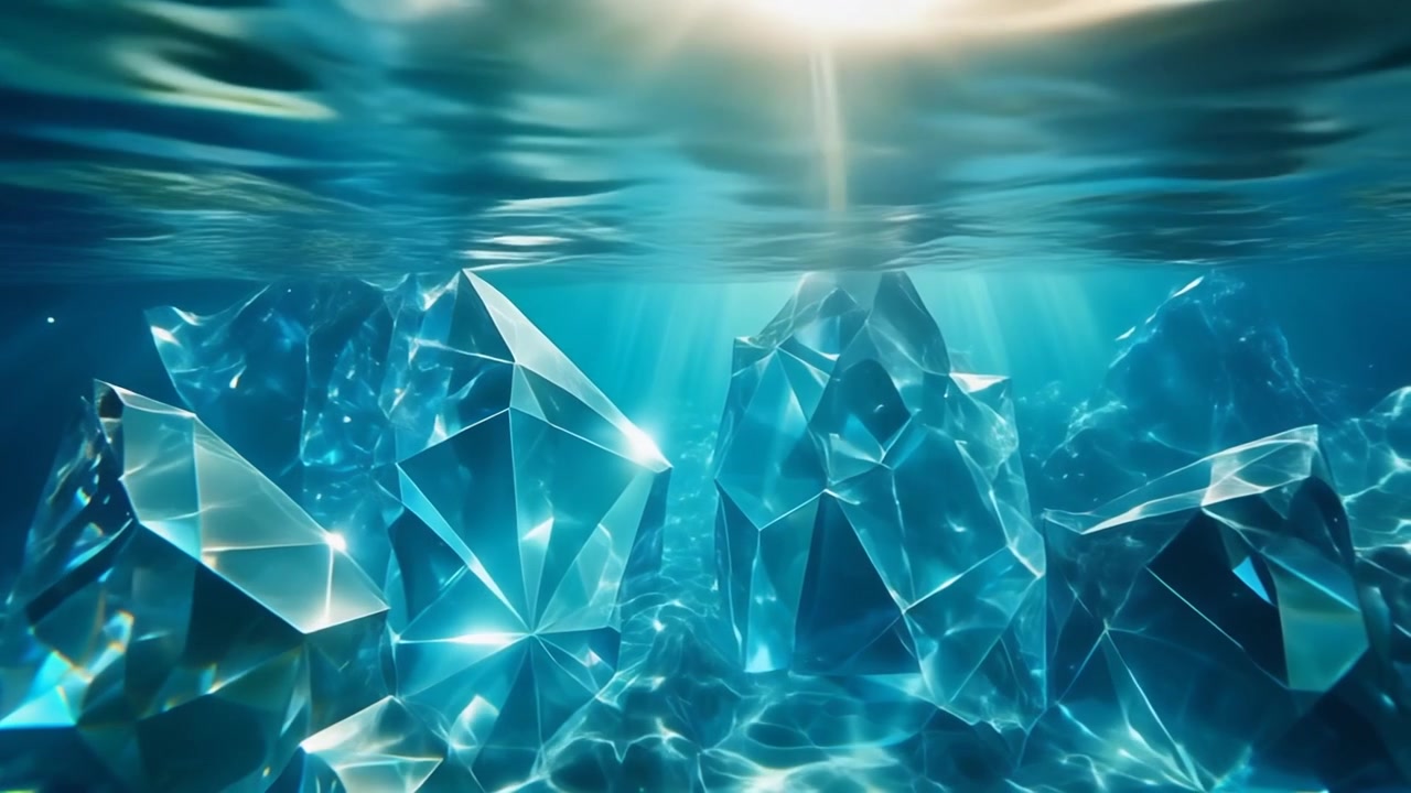 Grandi cristalli blu sommersi sott'acqua con raggi di luce solare