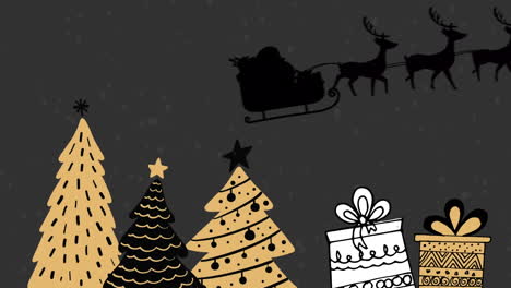 Animation-of-santa-claus-in-sleigh-pulled-by-reindeers-over-christmas-tree-and-gifts-icons