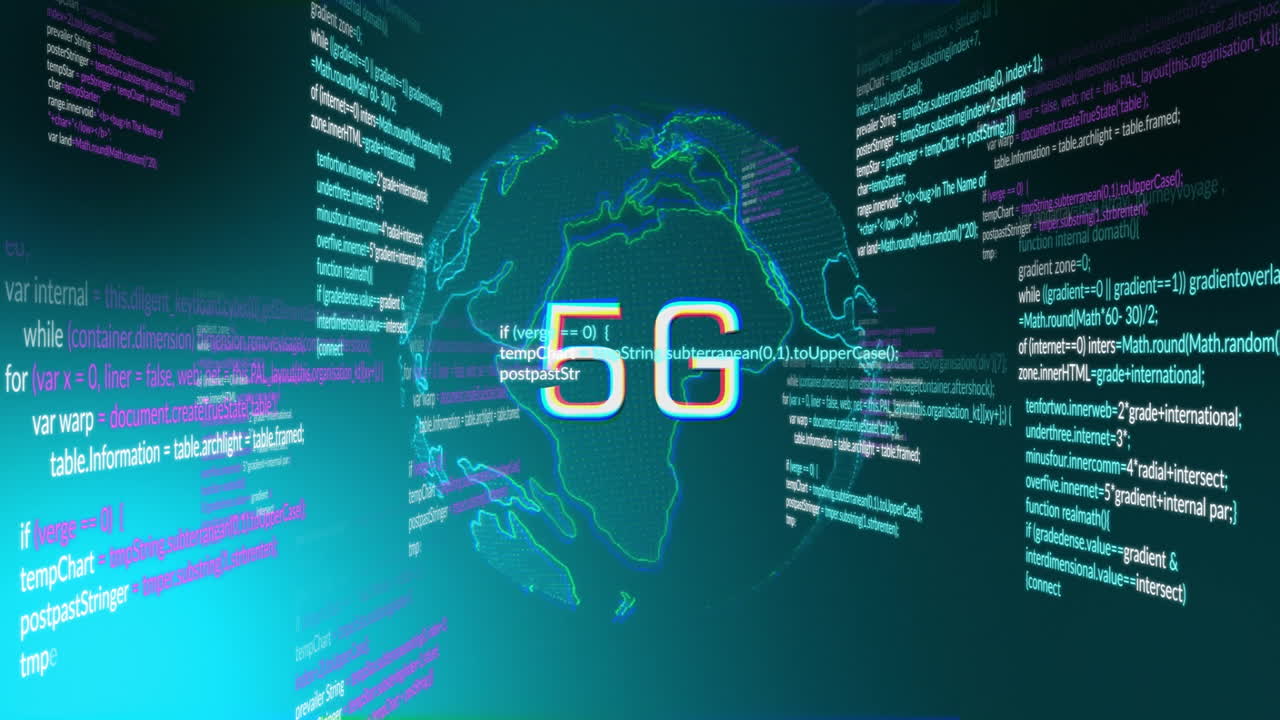 5G text with digital code and globe animation in futuristic technology theme