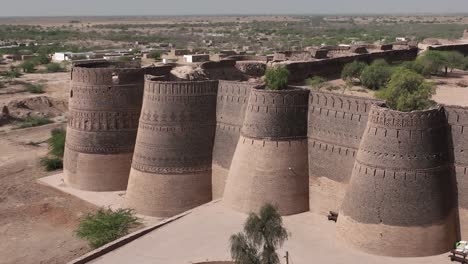 cinematic overhead aerial footage of derawar fortress in cholistan desert