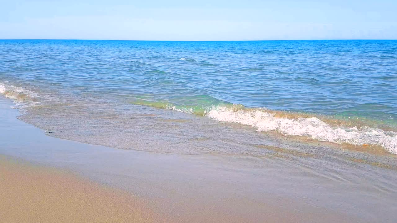 열대 카리브 해변, 황금 모래의 바다, 파란 하늘과 바다 아래의 휴가, 휴식 및 여행 개념, 원활한 루프