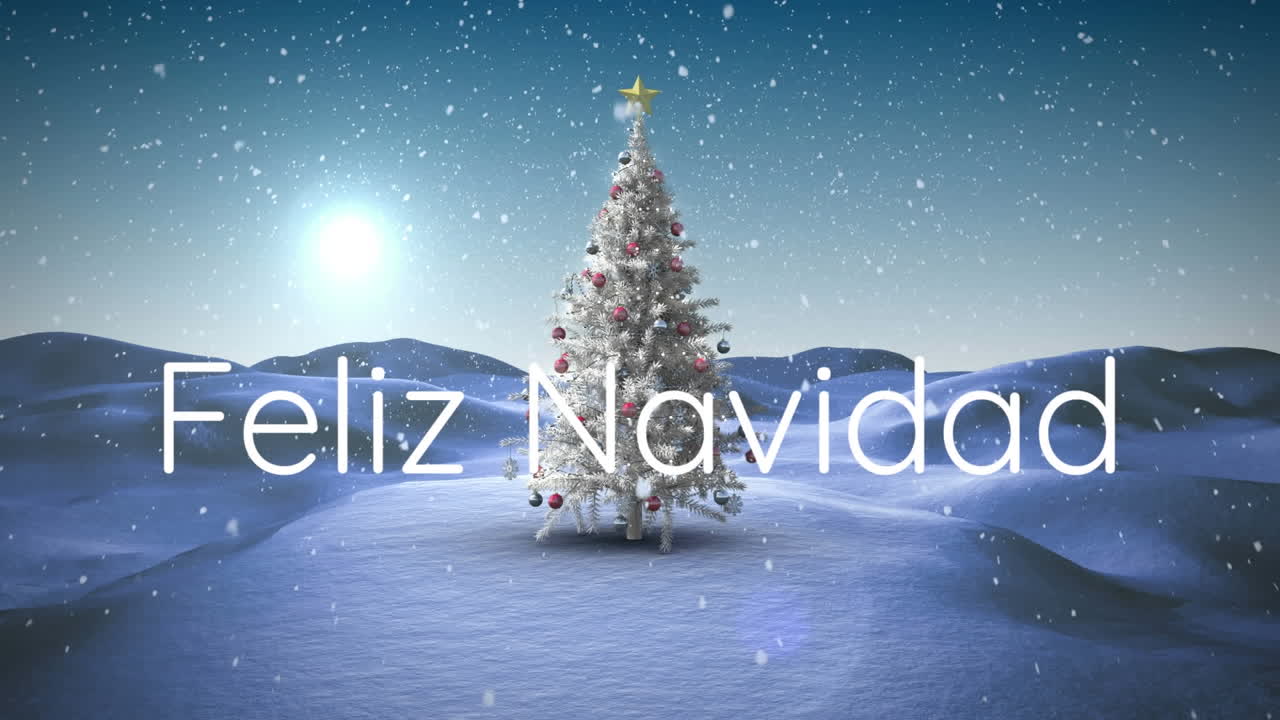 animación de feliz navidad texto sobre árbol de navidad y nieve cayendo en el paisaje de invierno
