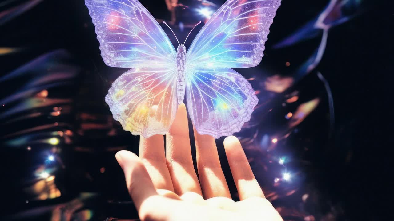 A close-up, magical video concept of a glowing butterfly landing on a hand, with a dreamy, ethereal