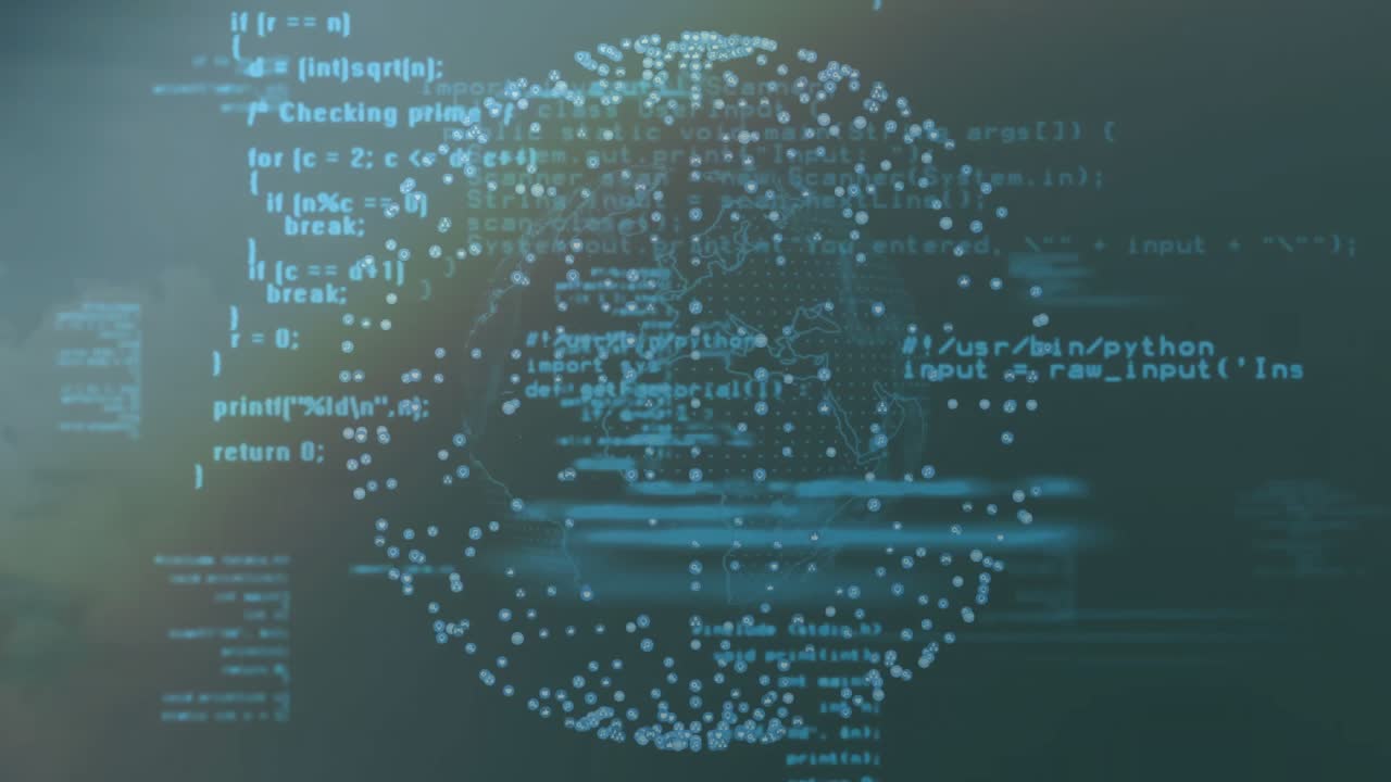 Drifting clouds initiating code particles forming rotating sphere illustrating cloud computing