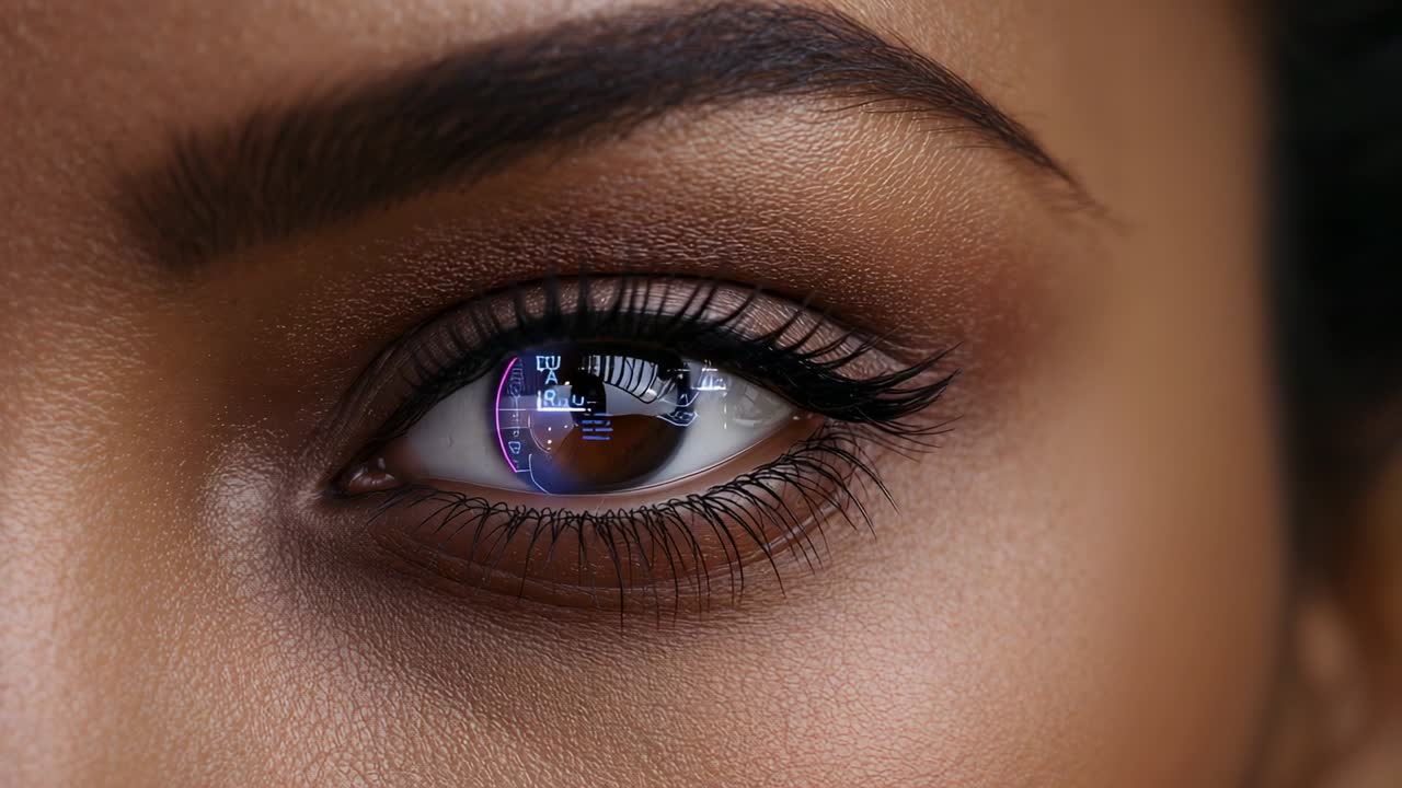 Opening makeup model's eye as camera focusing in studio for closeup, with eyeliner and ringlight