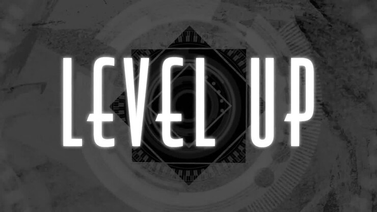 Animation of level up text in white over rotating grey scanner on black background