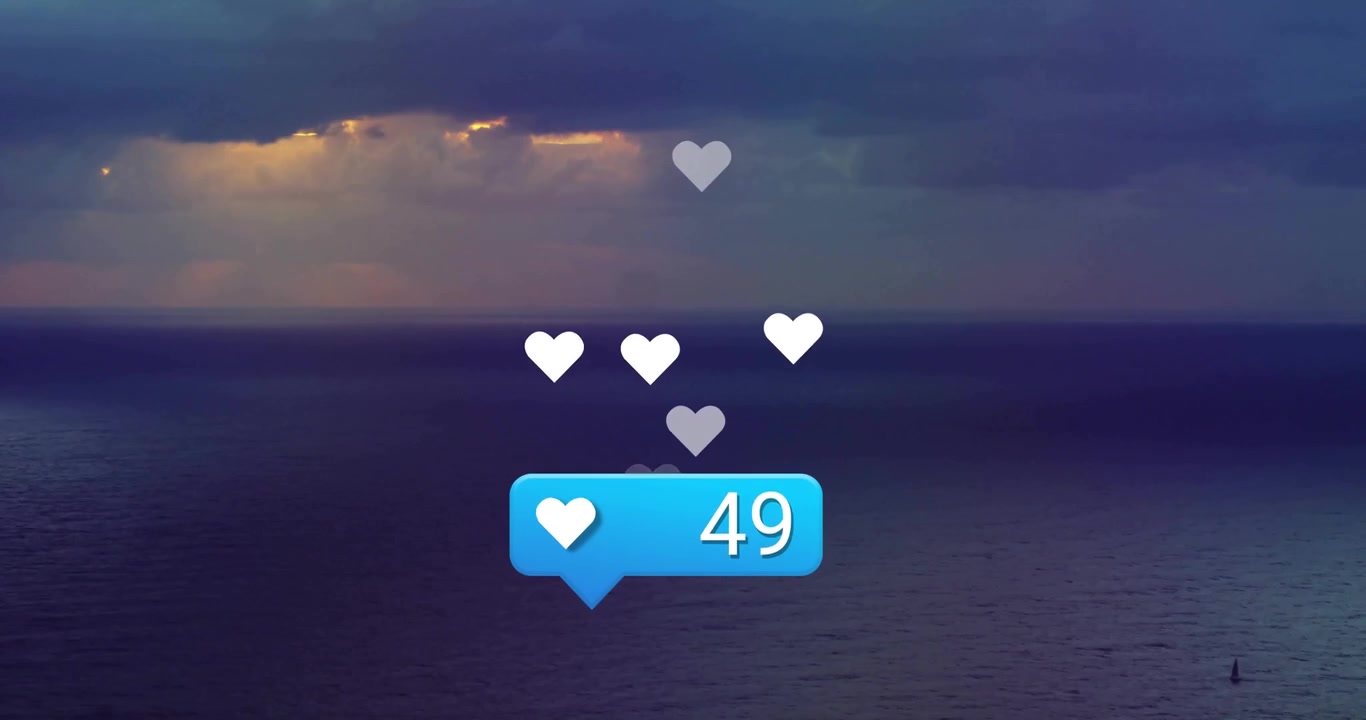 Dusk ocean resting while notification bubble appearing and incrementing heart count showing growth