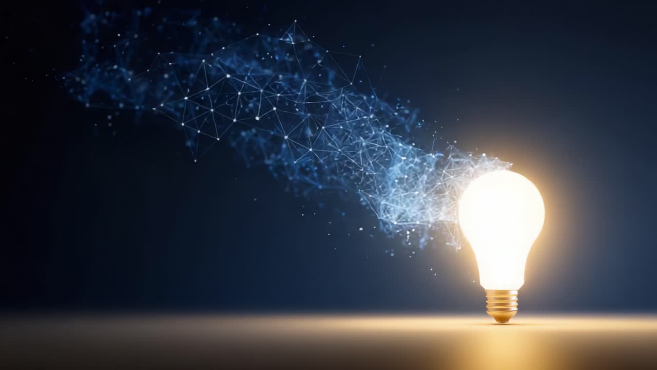 Illuminating Ideas: A Creative Visualization of a Light Bulb Emitting an Ethereal Stream of Connected Particles Representing Innovation and Technology