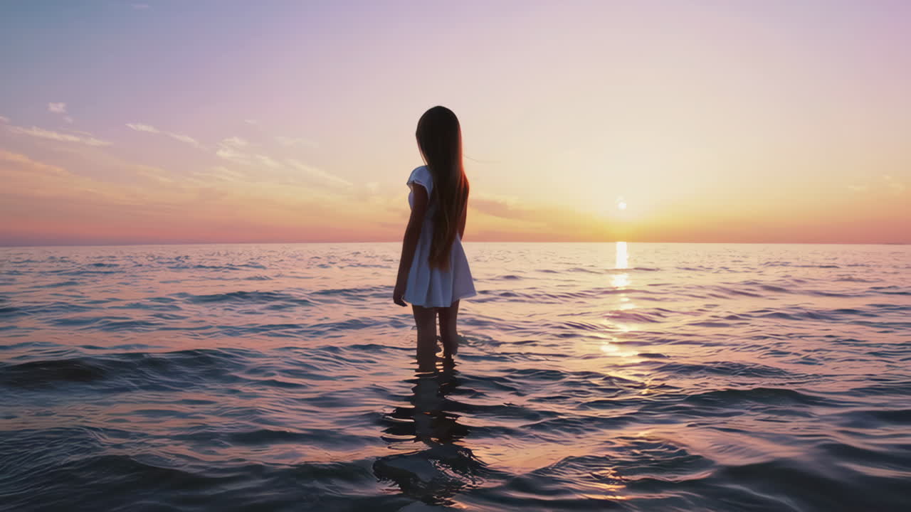Woman in a white dress standing in the ocean at sunset
