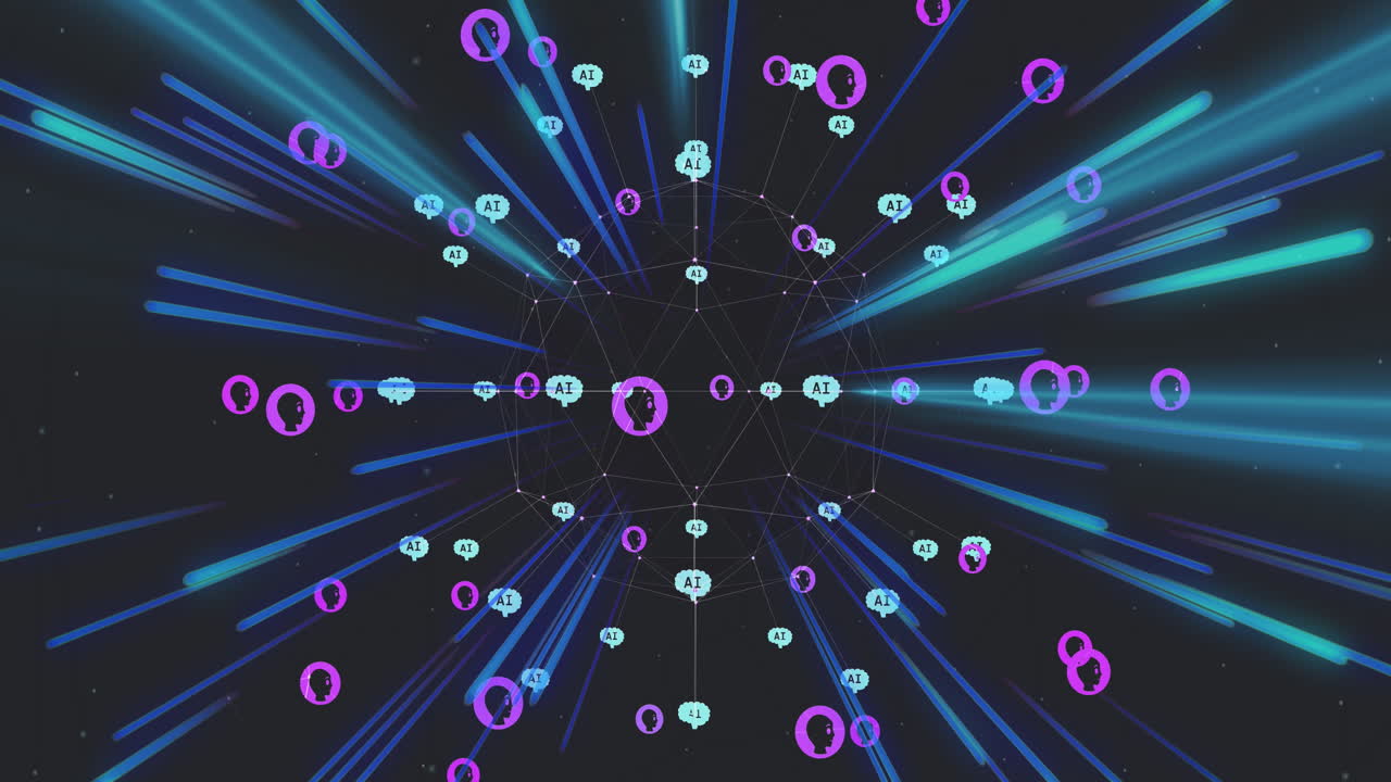 animación del procesamiento de datos ai con iconos de chat, red de conexiones en senderos de luz