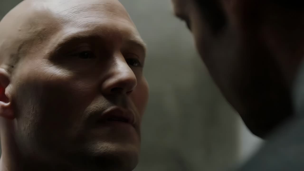 긴장된 대화 중인 두 남자의 클로즈업