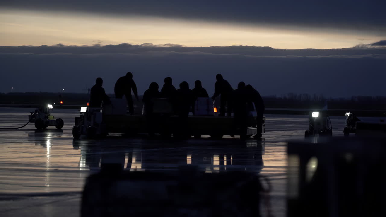 Ground Crew Loading Cargo on Tarmac at Twilight