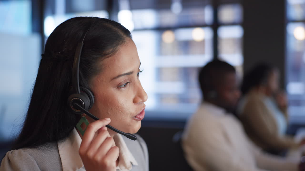 Call center, headphones and woman with customer