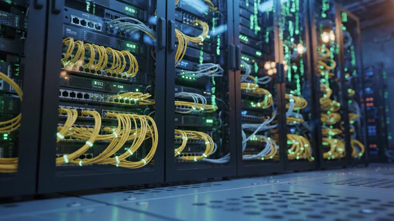 High-Tech Data Center Interior Featuring Rows of Server Racks Illuminated with Green and Blue Lights, Showcasing Network Cabling and Storage Equipment