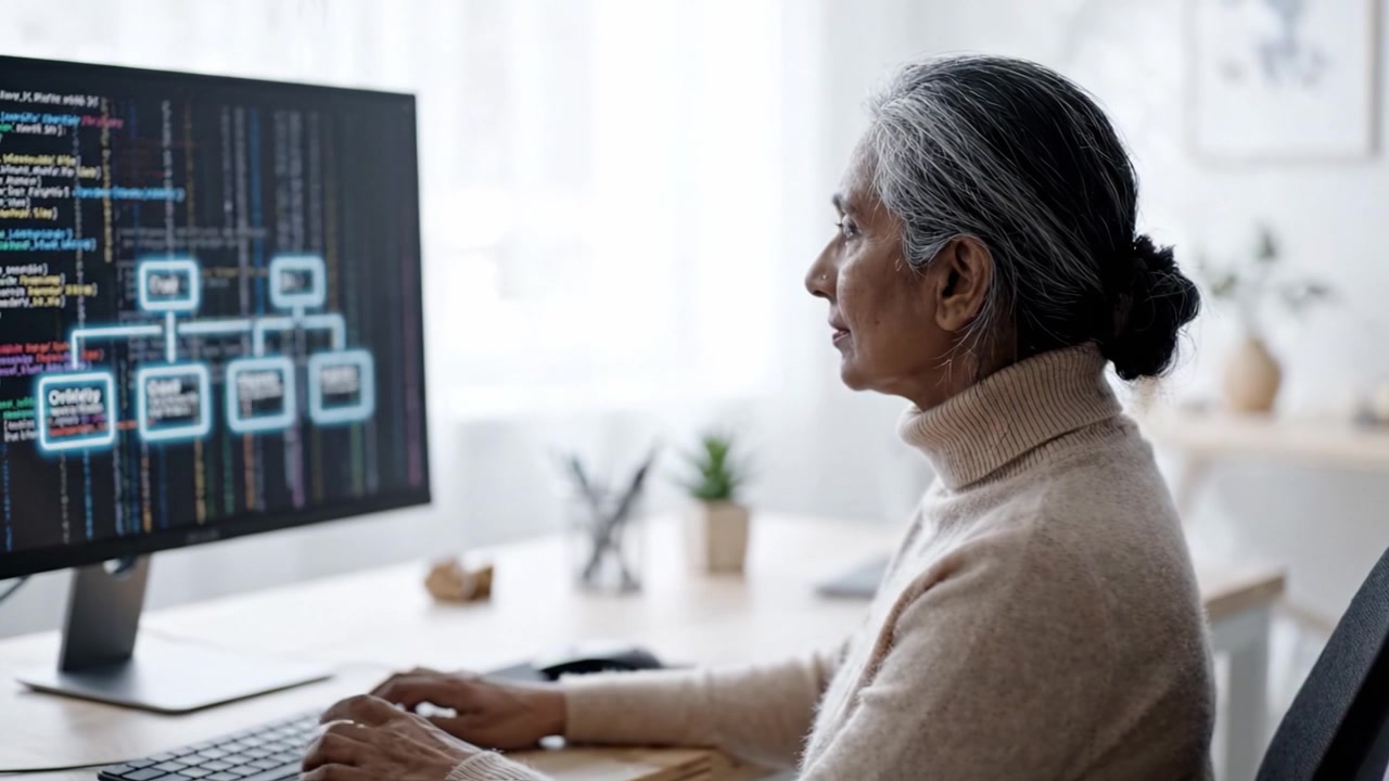 Eine fokussierte Person programmiert an einem modernen Arbeitsplatz und analysiert Code, der auf einem eleganten Monitor angezeigt wird, was die Hingabe an Technologie und Lernen hervorhebt