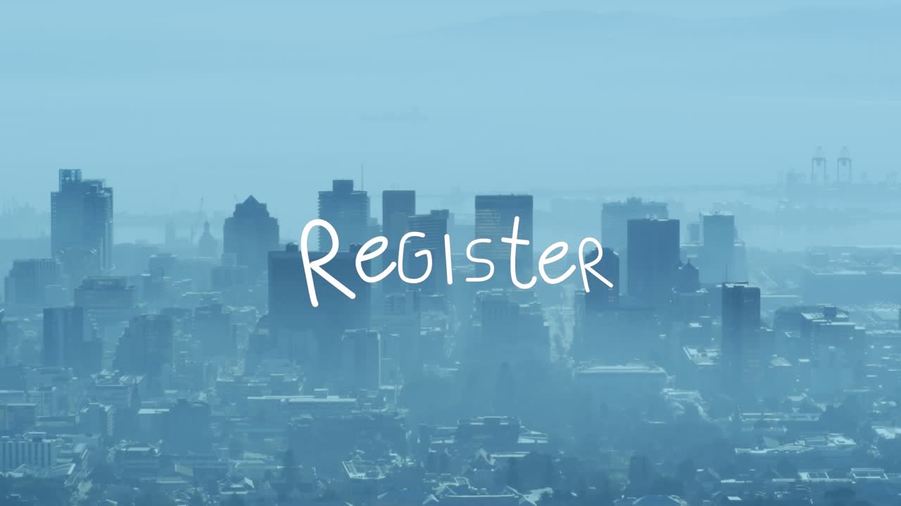 Animation of register text over cityscape