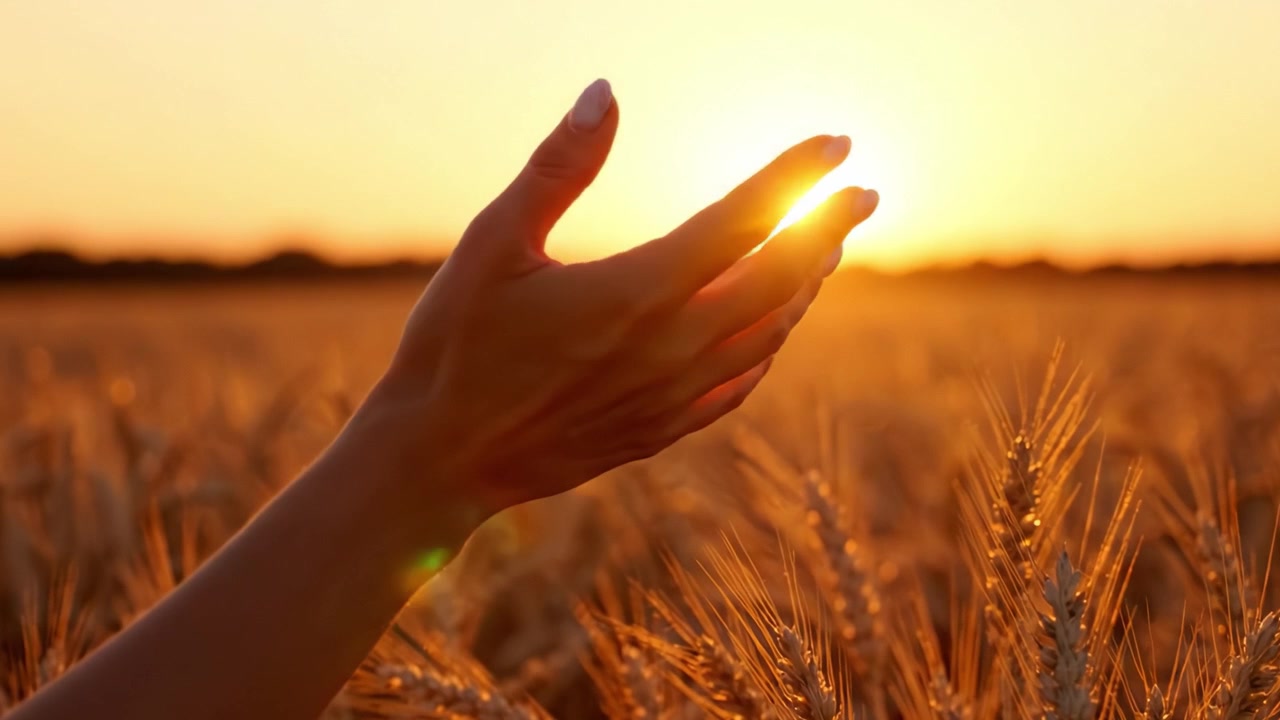 En rolig solnedgang på en hveteåker mens en hånd strekker seg mot sollyset, som fanger essensen av natur og ro