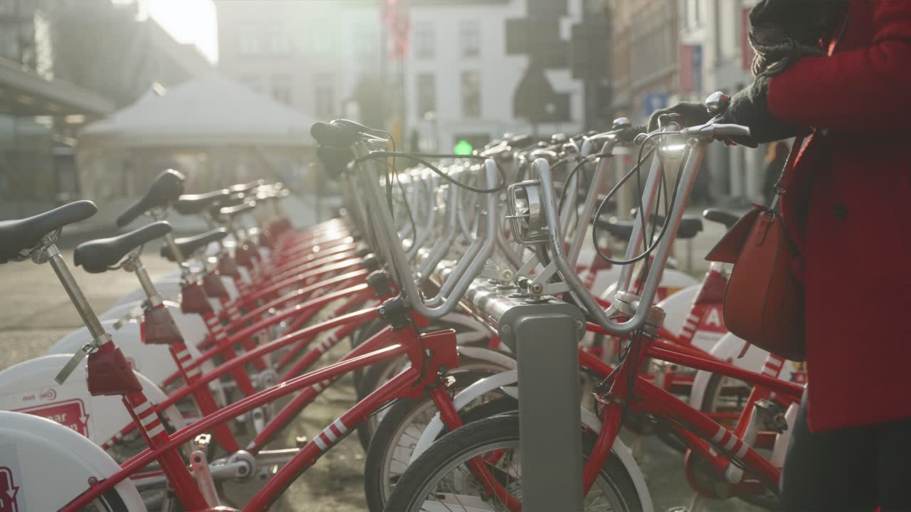 페달 보조 자전거 공유가있는 커뮤니티 자전거 래크, 보행자에 의해 장착되는 녹색 에너지, 관광객과 지역 주민을위한 저 배출 여행