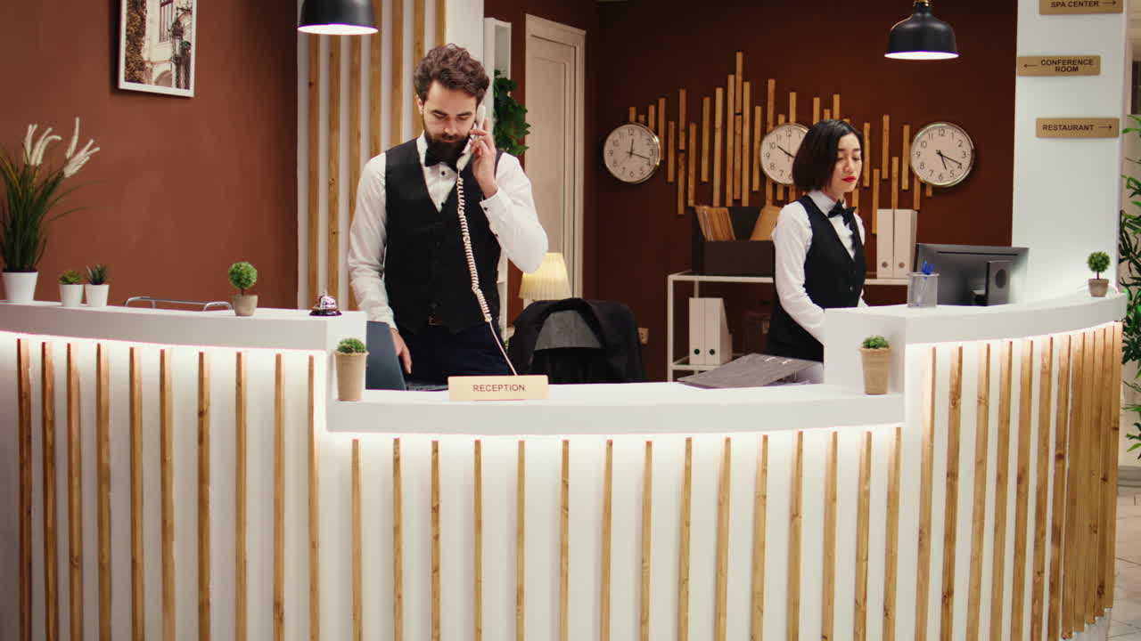 Hotel personnel checking guest booking